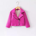 A bright pink faux leather moto jacket with an asymmetrical zipper, displayed on a wooden hanger against a plain white background, Obroi