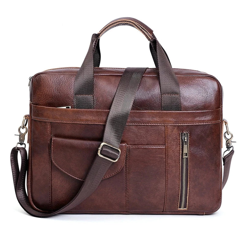 Genuine Leather Laptop Briefcase for Men Retro Travel Messenger Bags 15.6 Inch High Capacity Shoulder Bag