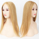 A long straight blonde wig displayed on two mannequin heads from front and side angles against a plain white background, Obroi