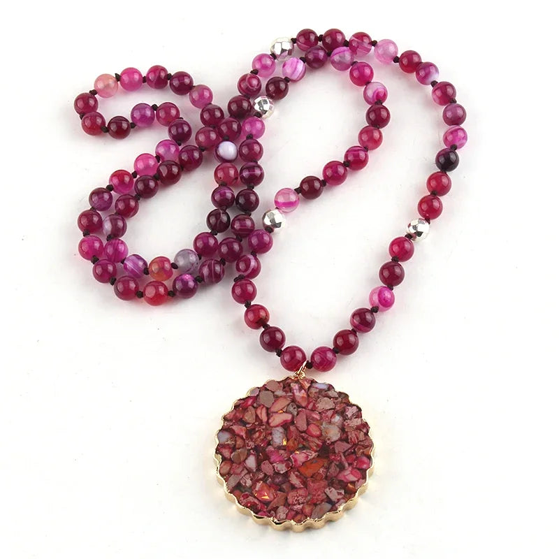 8mm Natural Stripe Stones Bead Knotted with Facet Square Stone Pendant Handmade Necklace Women Jewelry
