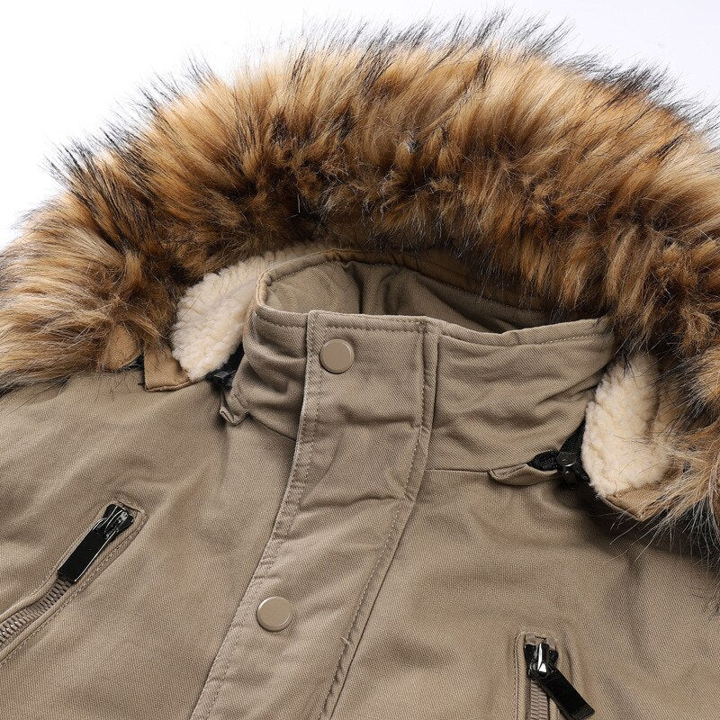 Men Medium Long Thick Warm Cotton Coat Fur Collar Zipper Multi Pocket Parka Coat Men Outdoor Windproof Coat