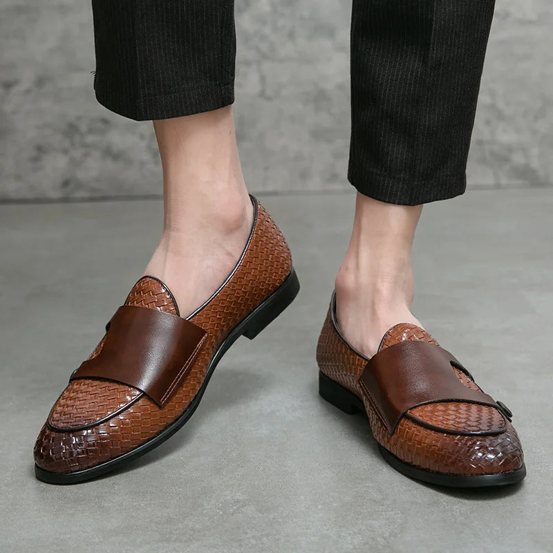 Weave Leather Monk Shoes Men Buckle Loafers Moccasins Men Flats