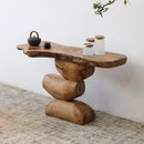 Wooden side table with natural finish and decorative items on a light background, Obroi