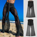 Men Casual Long Pants Streamers Belt Mesh Splicing Trousers Male Wide Leg Bottoms Simple See Through Pants