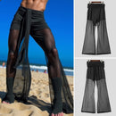 Men Casual Long Pants Streamers Belt Mesh Splicing Trousers Male Wide Leg Bottoms Simple See Through Pants