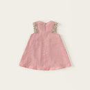Pink dress with floral embroidery on a white background, featuring the brand 'Obroi'.