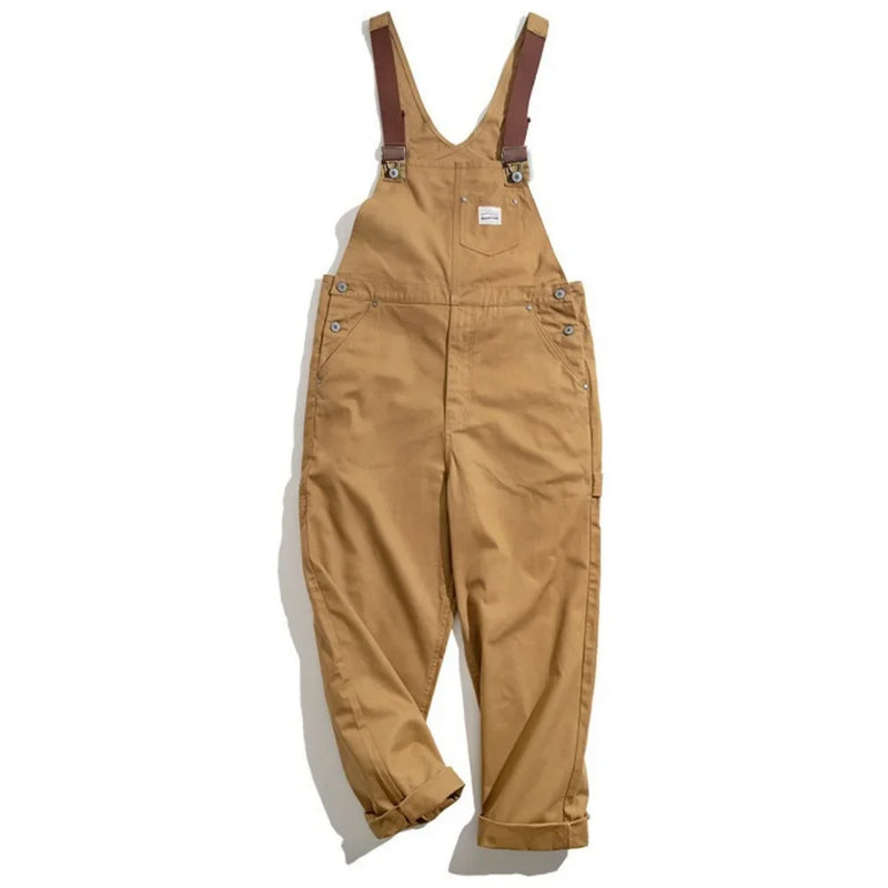 Mens workwear pants Japanese retro work clotheskhaki color suspendersspring canvasmen's fashion large lengthpants pure cotton100