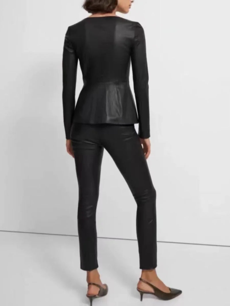 Stretch Leather Jacket For Women Luxury Genuine Elastic Sheepskin Cardigan 2024 U-neck V Hem Slim Fit Tops Mujer Tight Clothing