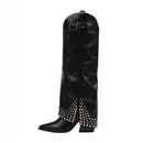 Black knee-high boot with studded details on a white background, Obroi