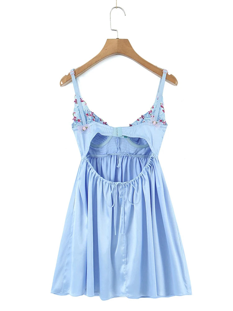 Women Lace Spliced Floral Blue Sling Mini Dress Backless Sleeveless Ladies