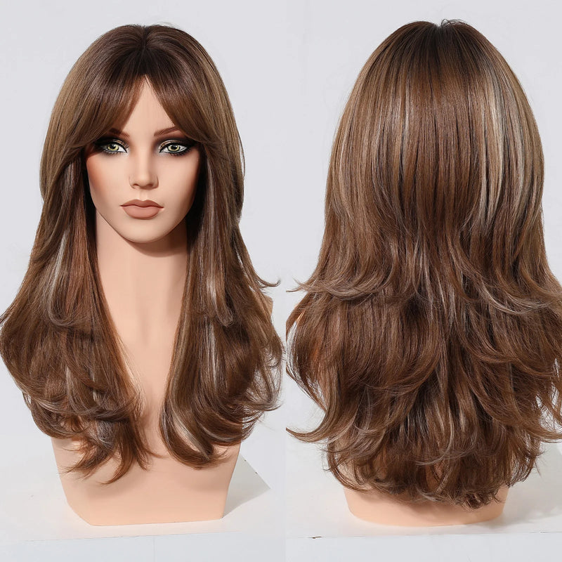 Long Curly Brown White Wigs With Eight Character Bangs For Women Natural Wig