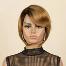 A Obroi 100% human hair wig with a short, layered bob cut and side-swept bangs, displayed on a mannequin head against a solid beige background, Obroi