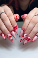 24PCS Red Bow Red False Nails Love Gemstones Press on Nails French Tip Design