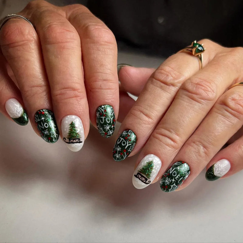 Close-up of hands with Christmas-themed nail art on a neutral background, Obroi