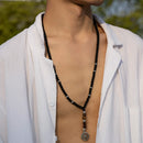 Black Beaded Chain Compass Long Pendant Necklace for Men Beads Tassels Collar on the Neck Male