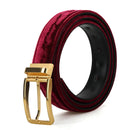 A coiled burgundy velvet belt with a gold buckle and black interior, shown on a white background with the Piergitar Collection logo in the top left corner, Obroi