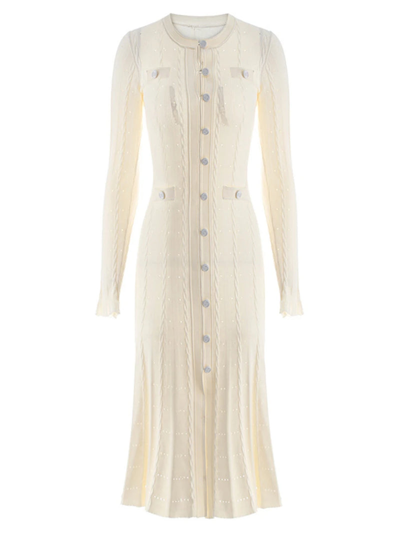 Knitted Cardigan Dresses for Women Round Neck Spliced Single Breasted Dresses Female