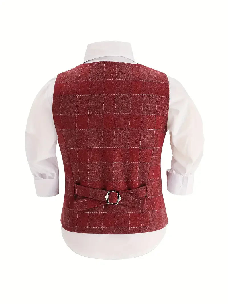 Boys Plaid Vest Pants Bowtie 3Pieces Formal Wedding Birthday Outfit Suit Kids