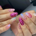 24pcs Gradient Blue Nails Ocean Rippled Design Round Almond Press on Nails Sets