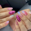 24pcs Gradient Blue Nails Ocean Rippled Design Round Almond Press on Nails Sets