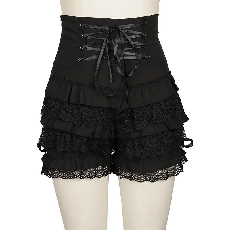 Lace Ruffles Shorts Lace Up Black Women Bloomers Gothic Punk Girls Shorts