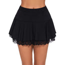 Women Pleated Skater Skirt Lace Trim Casual High Waisted Flare Mini Skirt Basic Solid Versatile Short Skirts