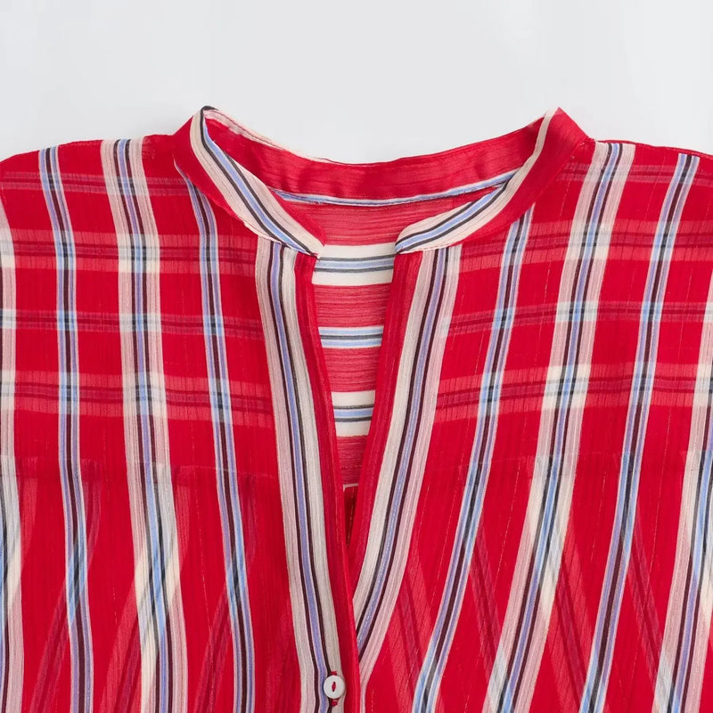 Spring Women's Clothing Stand Collar Striped Partial Transparency Shirt Top Women's Blouse