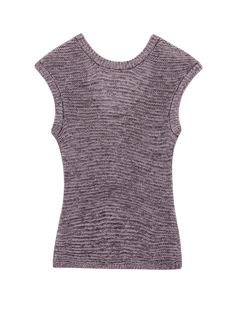 Summer Lady Simple Sleeveless V-Collar Hollow Out Knitted Blouses Party Woman Grey Vest Top