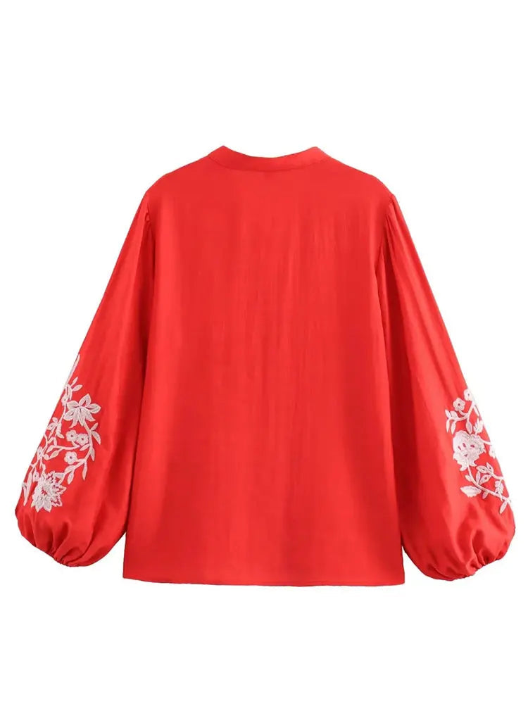 Women Floral Embroidered Blouse Loose Casual Shirt Female Streetwear Red Shirts Top