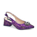 A single purple sequined slingback pump with a pointed toe and a jeweled floral embellishment on the vamp, shown against a plain white background, Obroi