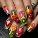 Nails with fruit-themed design including strawberries, oranges, and kiwis on a neutral background, Obroi