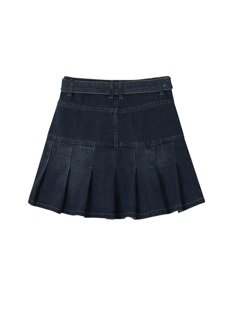 Waist Denim Mini Pleated Skirts With Belt Women Summer Retro Skirt Ins Female Casual Skirts