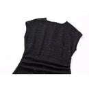 Women Round Neck Short Sleeve Shiny Metallic Thread Black Dress Party