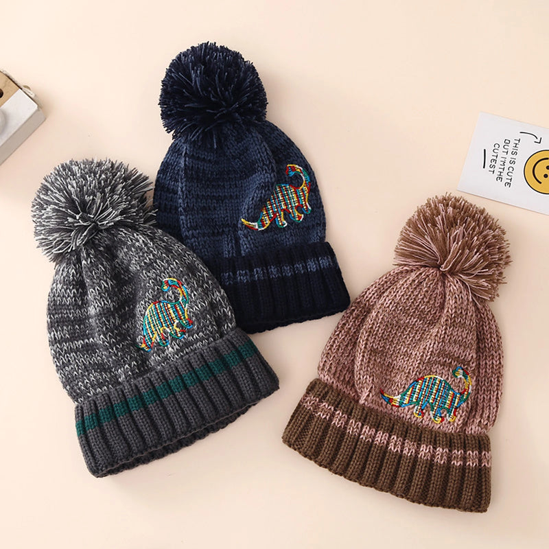 Autumn Kid Boys Knit Beanie Soft Lightweight Embroidery Cartoon Winter Cap Ball