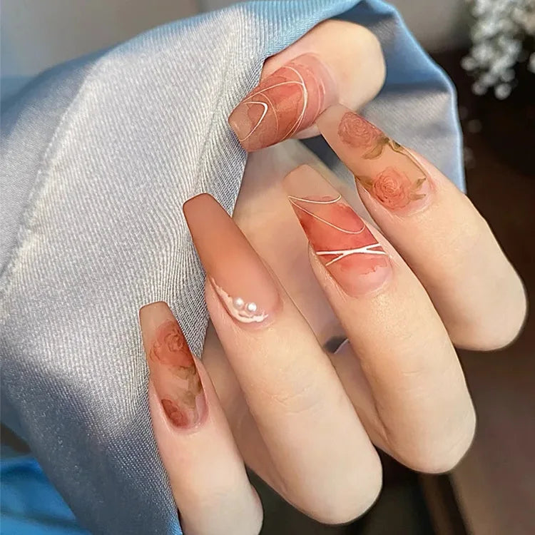 Rose Press on Nails Relief Coffin Acrylic False Nail Sweet Butterfly Pearl Fake Nails Pink Gradient Nail