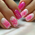 24pcs Wearable Nails Art Finished Pink Short Square Press on Nails Tips Spring Flower Ballet Nail Sets