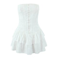 Women Hollow Out Embroidery Strapless Dresses Front Buckle Fit And Flare Party Mini Dresses