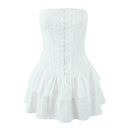 Women Hollow Out Embroidery Strapless Dresses Front Buckle Fit And Flare Party Mini Dresses