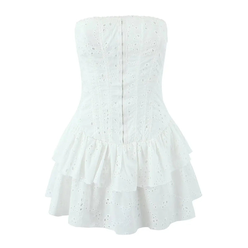 Women Hollow Out Embroidery Strapless Dresses Front Buckle Fit And Flare Party Mini Dresses