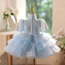 A light blue toddler girl's party dress displayed on a mannequin dress form. The dress features a tiered tulle skirt, short puff sleeves with lace trim, and silver glittery floral embroidery on the bodice, Obroi