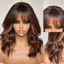 Blonde Highlight Human Hair Wig With Bangs Remy Wear And Go Made Wave Wigs For Women