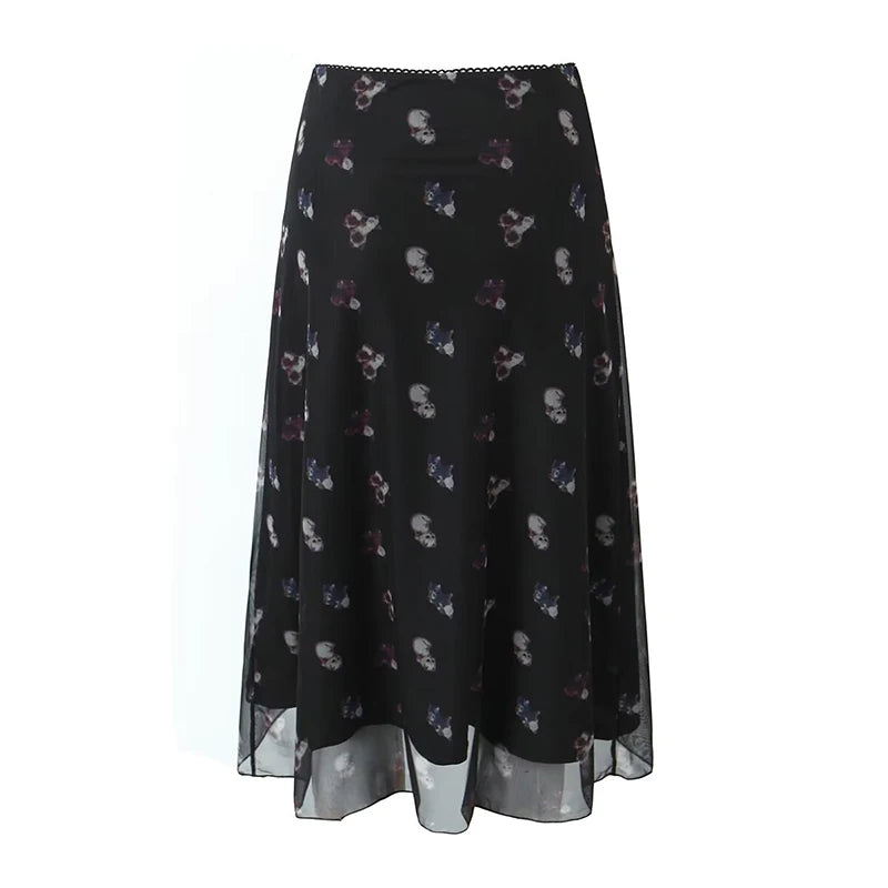 Vintage Mesh Skirts Women Elastic Low Waist Midi Summer Skirts