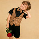 Child wearing a formal outfit with a wooden vest, holding a red rose against a beige background, Obroi