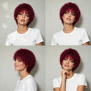 Short Curly Pixie Cut Wig with Bangs Soft Bouncy Short Magenta Curly Wig Pixie Cut Human Hair Wig