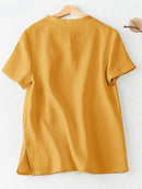 Solid Shirt Female Button Down Loose Tops Summer Short Sleeve Blouse Woman Stylish Pure Cotton O-Neck Shirt