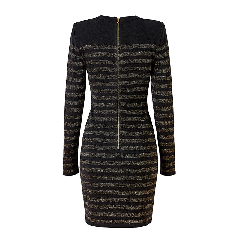 Autumn Spring Wool Blend Gold Threads Women Striped Knitted Vintage Dress
