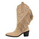 Women Pointed Toe Pull-on Knee High Fringe Cowgirl Boots Comfy Pull On Rhinestone Mid Calf Western Boots