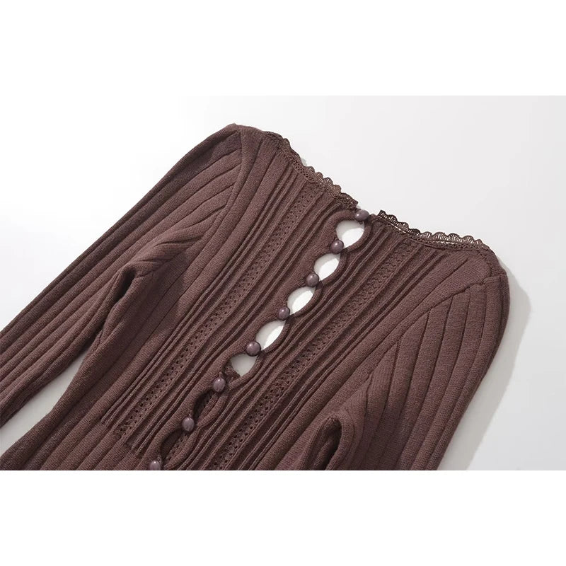 Women Low Collar Long Sleeve Bodycon Mini Dresses Hollow Out Ladies Party Robe
