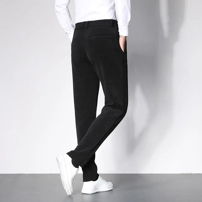 Spring Corduroy Men's Business Casual Trousers Zipper Pocket Elastic Waist Slim Jogging Pants Male Clothing