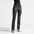 Women Leather Slim Pants Office Ladies Splicing Stretch Trousers